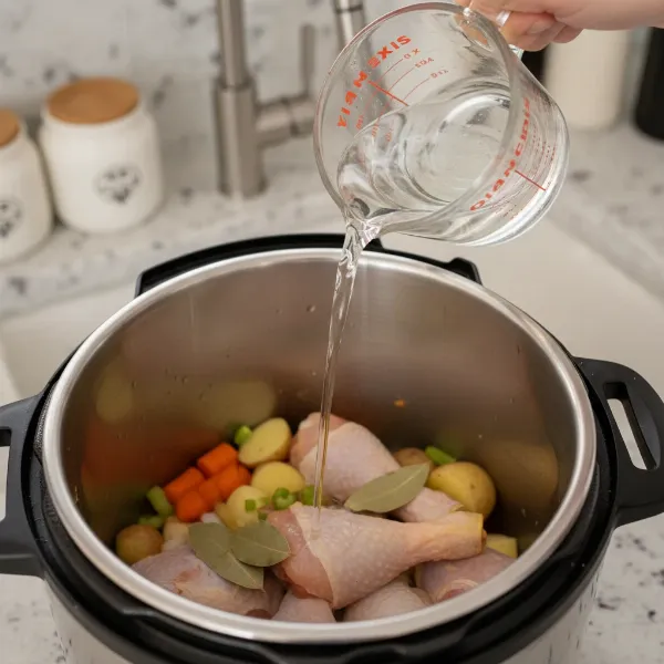 A hand pouring thin liquid into an Instant Pot inner pot to prevent burn errors.