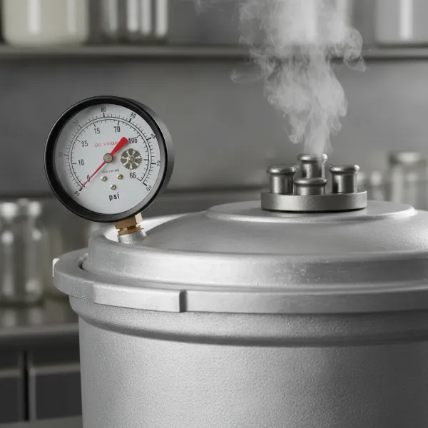 Close-up of All-American 921 canner's metal-to-metal seal and geared steam gauge.