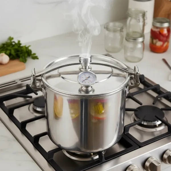All-American 921 pressure canner actively processing food on a stovetop.