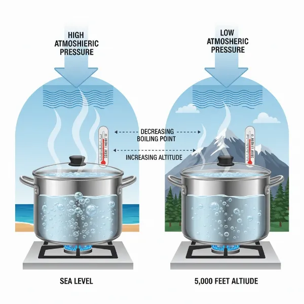 Diagram showing water boiling at different temperatures at sea level vs. high altitude.