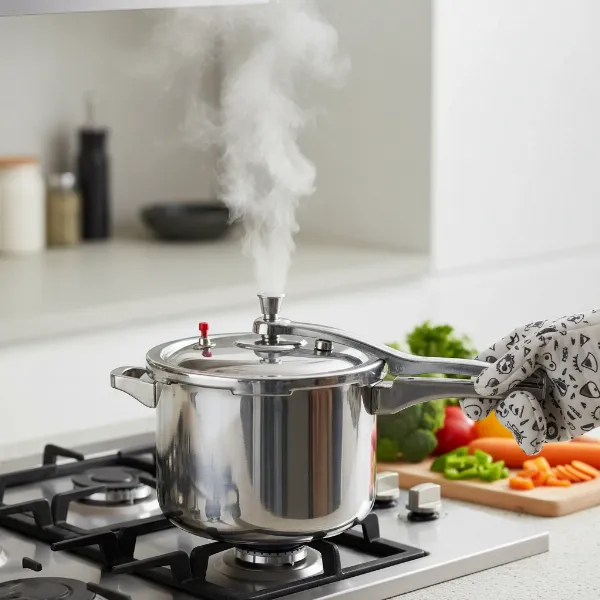 aluminum pressure cooker with safety features in use for healthy cooking