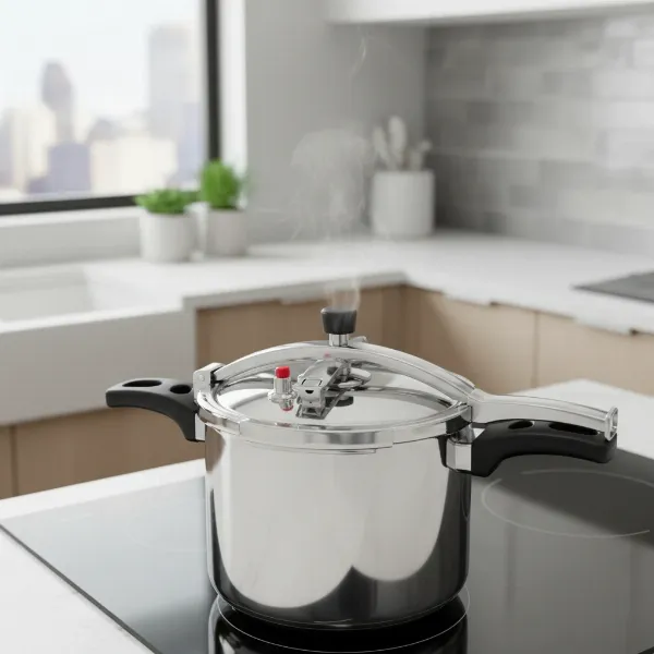 Barton 8-quart stovetop pressure cooker showcasing its durable construction and key safety features.