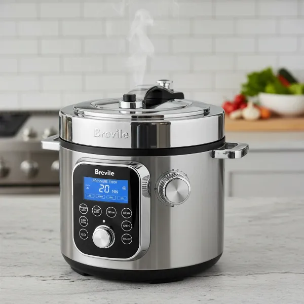 Breville Fast Slow Pro multi-cooker displaying various cooking modes and features.
