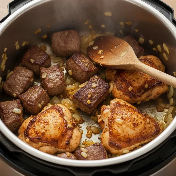 Chef browning meat and vegetables in a pressure cooker's inner pot, developing rich flavors.