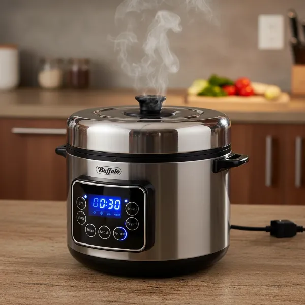 Buffalo pressure cooker displaying various cooking functions for versatile meal preparation.