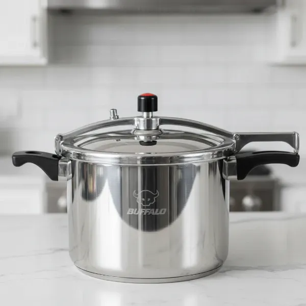 Durable stainless steel Buffalo pressure cooker with a shiny finish on a kitchen counter.