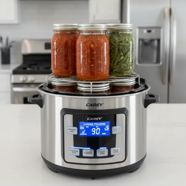 Jars inside Carey Smart Canner, showing LCD interface for canning process