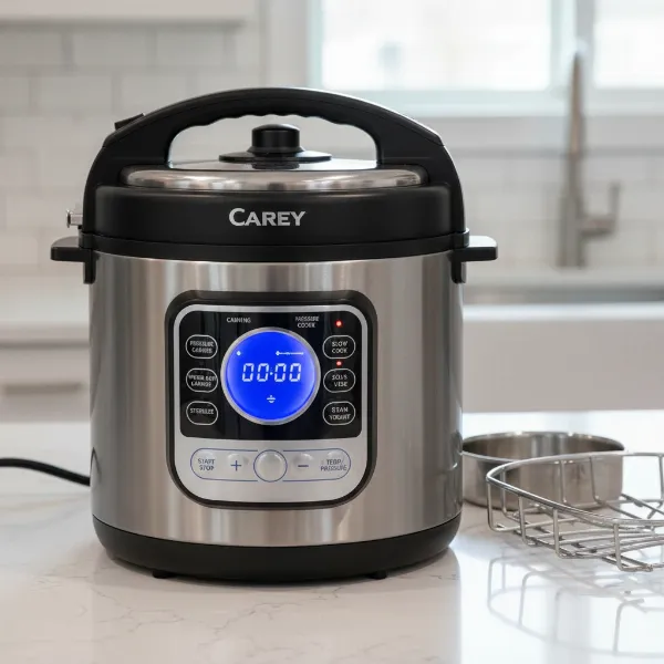 Carey Smart Canner and Cooker DPC-9SS showing its main components and digital display