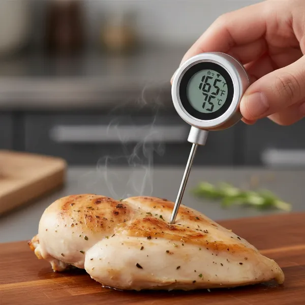 Hand holding an instant-read thermometer checking the internal temperature of cooked chicken.