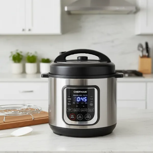 Chefman 6-quart electric pressure cooker displaying multiple cooking functions and easy-to-use digital controls.