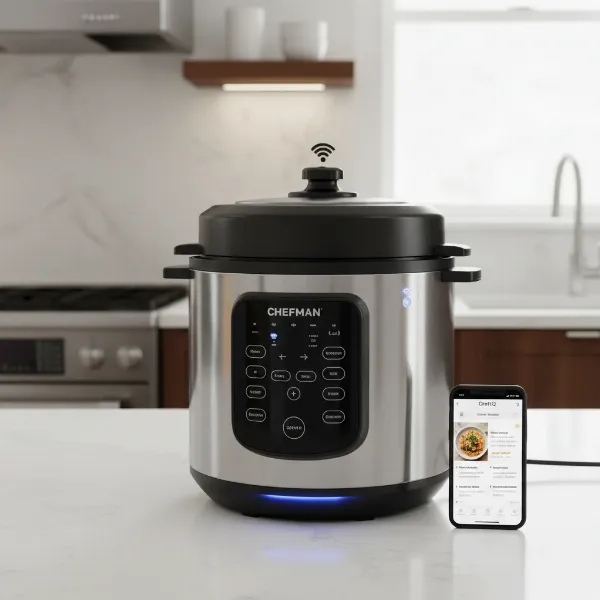 Chefman smart pressure cooker with Wi-Fi connectivity, showing integration with a mobile app for guided cooking.