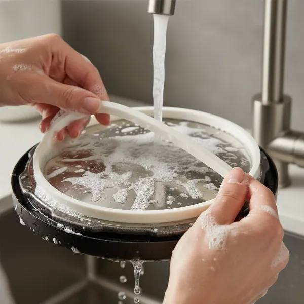 Hands cleaning a rubber sealing gasket from a pressure cooker lid, emphasizing maintenance.