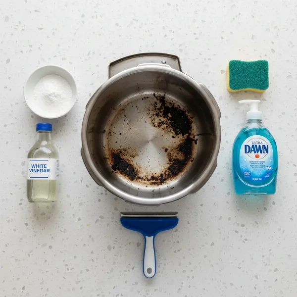 Tools for cleaning burnt pressure cooker: baking soda, vinegar, dish soap, soft sponge, plastic scraper.