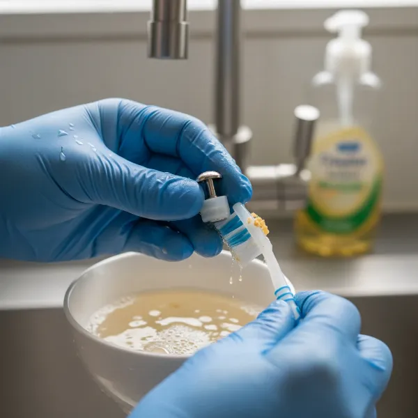 Hands cleaning a pressure cooker's floating valve and silicone cap with a brush and soapy water.