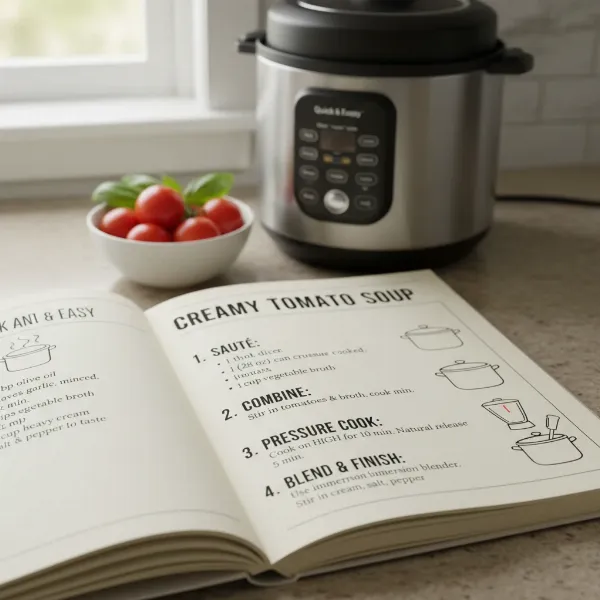 An open pressure cooker cookbook showing clear, step-by-step instructions with illustrations.