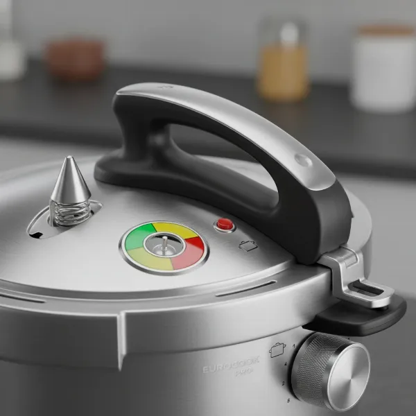 Close-up of a European pressure cooker showing safety features and control panel.