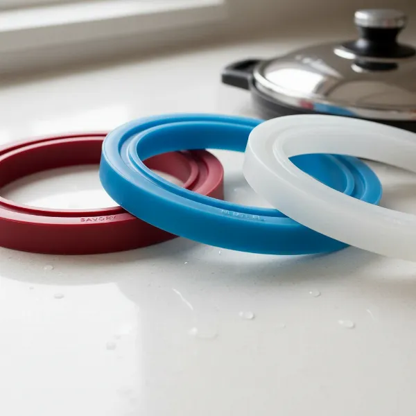 Multiple color-coded silicone sealing rings for pressure cookers, preventing flavor transfer.