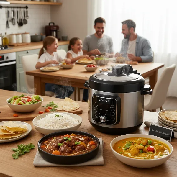 delicious diverse meals cooked in electric pressure cooker, family dining
