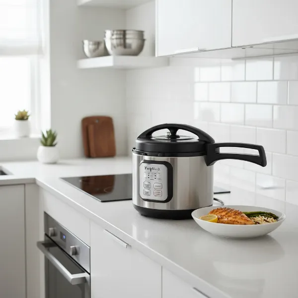 A compact 3-quart pressure cooker on a kitchen counter, ideal for single living.