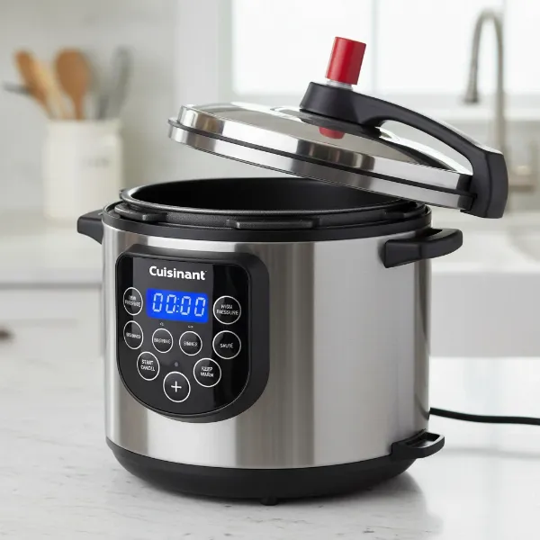 Close-up view of the Cuisinart CPC-600 Electric Pressure Cooker's control panel and brushed stainless steel exterior.