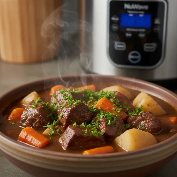 Hearty beef stew cooked in a pressure cooker, served in a bowl, steam rising.