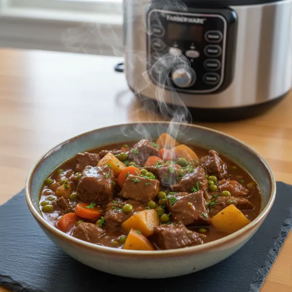 A steaming bowl of a delicious, tender beef stew with vibrant vegetables cooked in a pressure cooker.