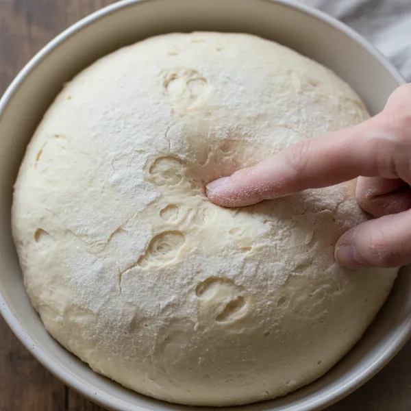 A finger gently indenting proofed bread dough to check its readiness.