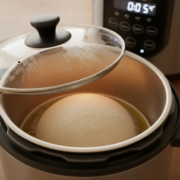 Raw dough proofing inside an electric pressure cooker pot with a non-sealing lid.