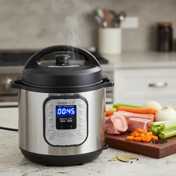 An electric pressure cooker with bone broth ingredients inside, ready for cooking.