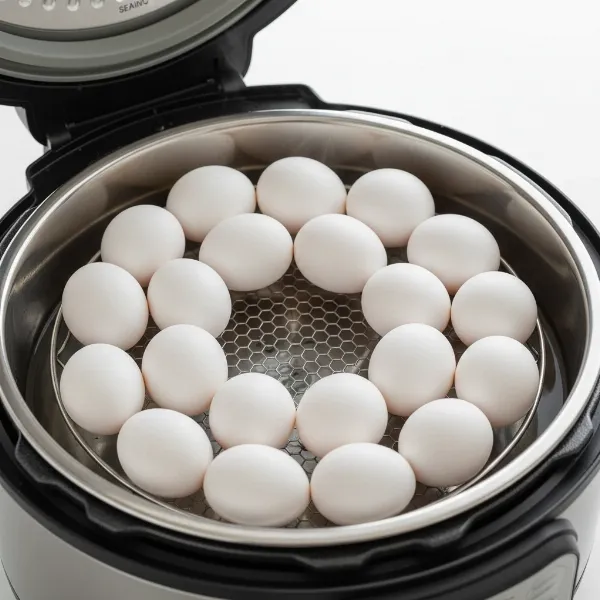 An open electric pressure cooker with a trivet holding multiple eggs inside, ready for cooking.