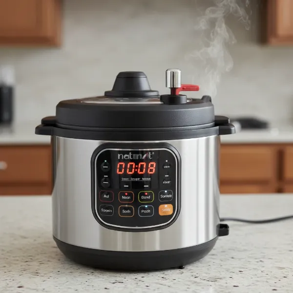 Electric pressure cooker with its float valve raised, indicating it has reached full pressure.