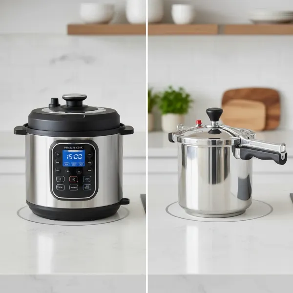 Side-by-side comparison of an electric multi-cooker and a classic stovetop pressure cooker.