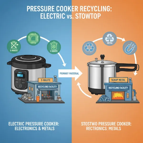Visual comparison of electric pressure cooker e-waste and stovetop pressure cooker metal recycling