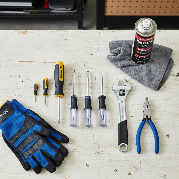 A collection of essential tools for repairing loose cookware handles, including screwdrivers and pliers.
