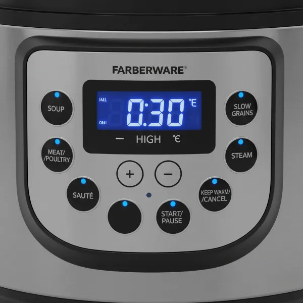 Farberware programmable pressure cooker with clear control panel and digital display for easy operation.