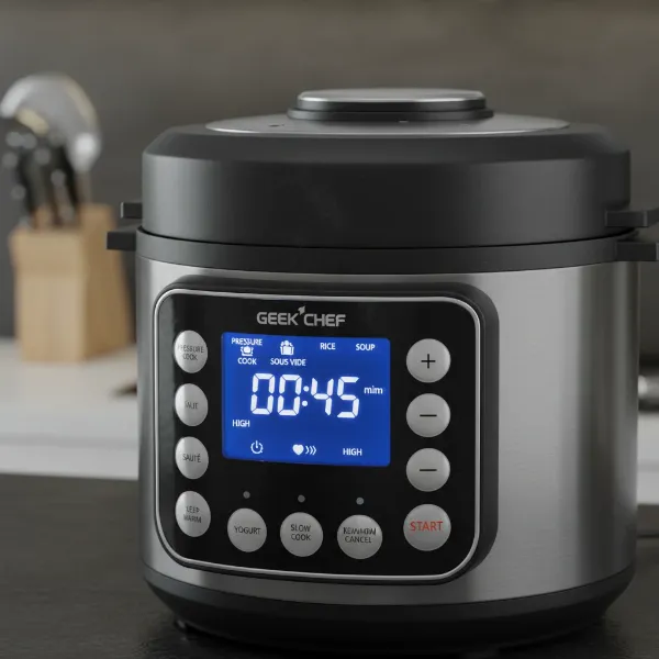 Close-up of a Geek Chef electric pressure cooker's digital display and control buttons.