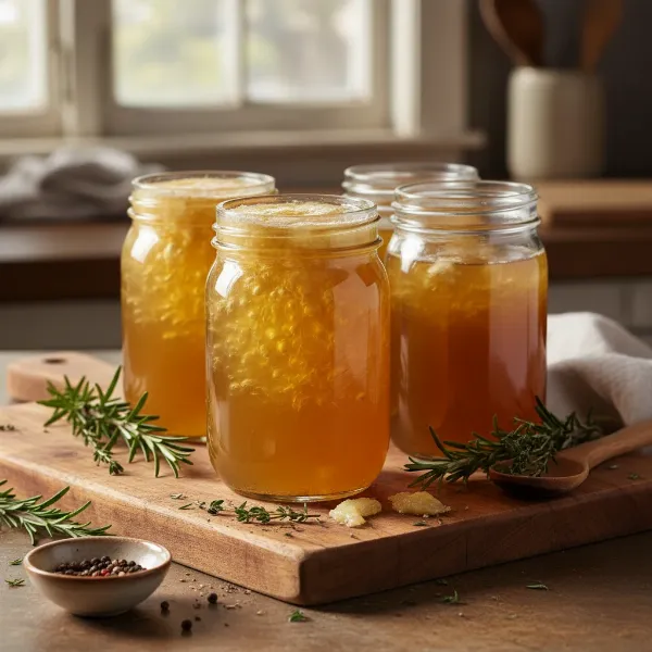 Jars of cooled, gelatinous bone broth, some with a layer of fat on top.