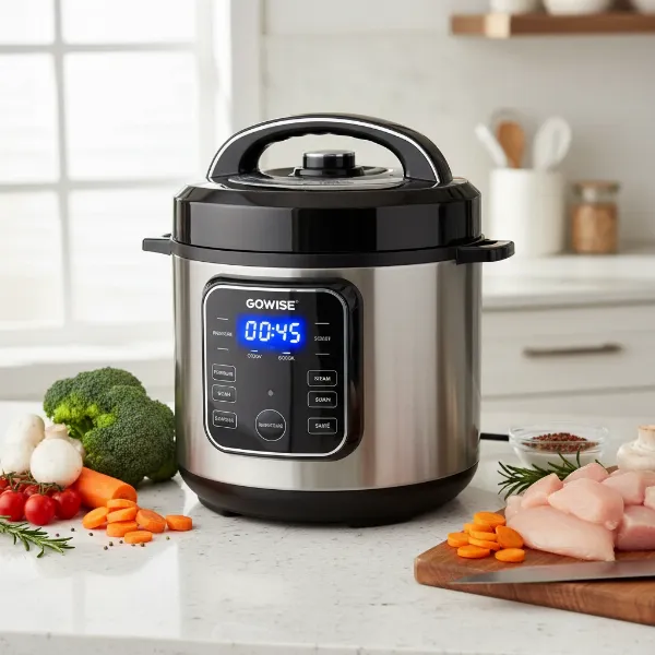 A GoWISE USA electric pressure cooker on a kitchen countertop, showcasing its multi-functional capabilities.