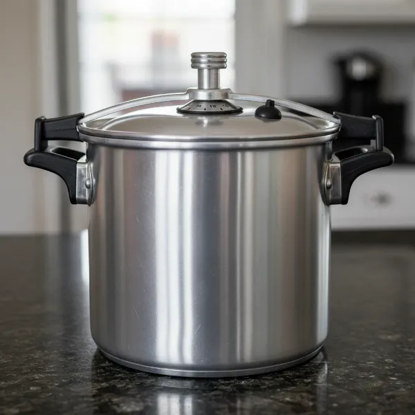 Close-up of a Granite Ware pressure canner showing its features and sturdy build