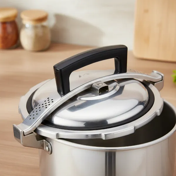 Close-up of Hawkins Classic aluminum pressure cooker lid, showing inside-fitting design and safety valve.