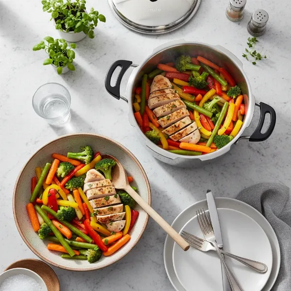 Delicious and healthy one-pot meal, featuring steamed vegetables and protein, prepared efficiently in a pressure cooker.