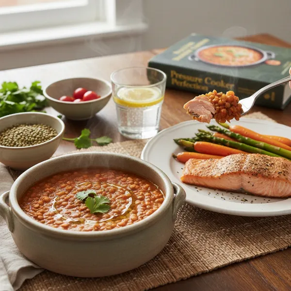 A diverse, healthy meal cooked in a pressure cooker, showcasing improved digestibility and nutrient absorption