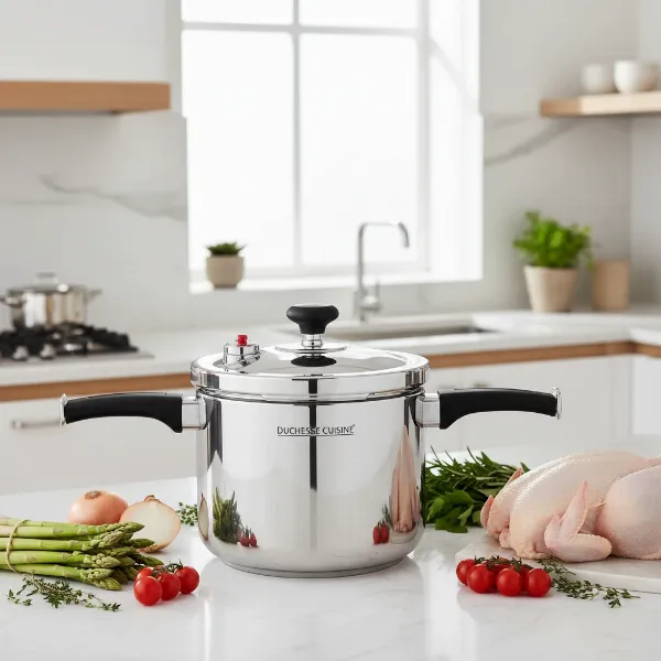 A sleek, modern stainless steel pressure cooker with a sturdy handle in a well-lit kitchen.