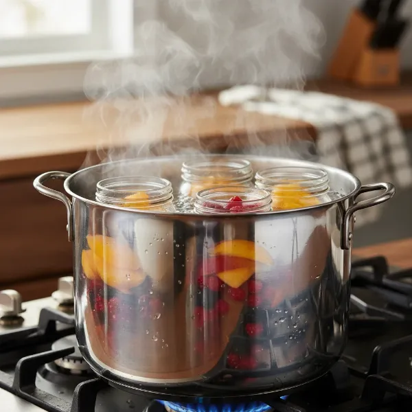 Glass jars of various fruits being processed in a large water bath canner on a stove.