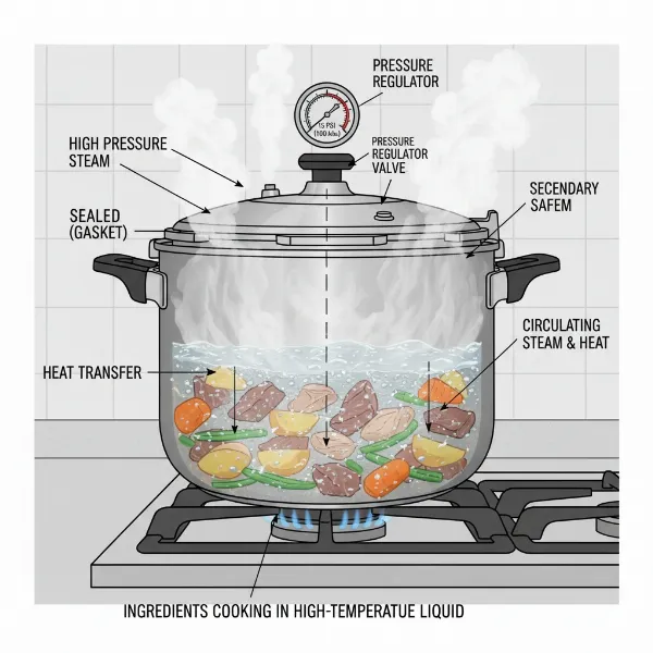 Diagram showing how a pressure cooker works, with steam trapped inside cooking food quickly.