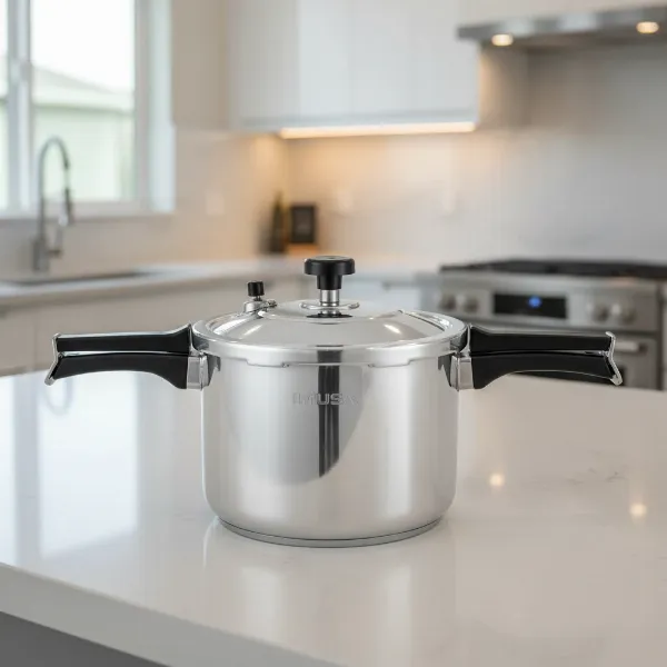 IMUSA stovetop aluminum pressure cooker on a kitchen counter.