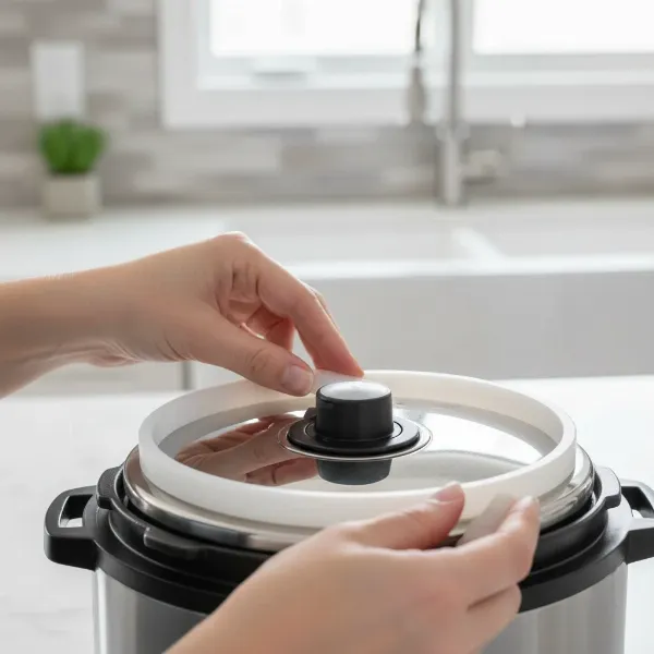 Hands carefully installing a new, clean silicone sealing ring into the groove of a pressure cooker lid.