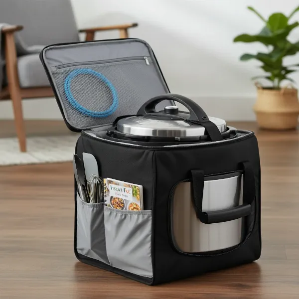 instant pot travel bag open with various accessories stored in multiple zippered pockets