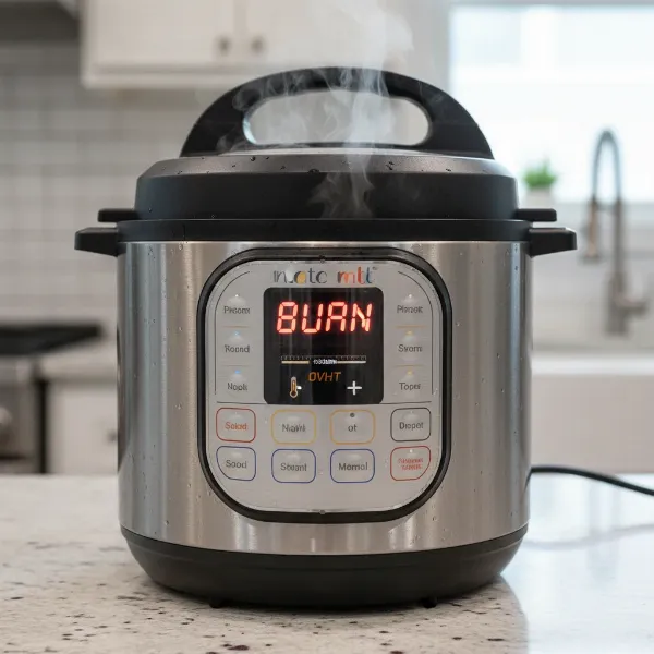 Instant Pot displaying the "Burn" message on its digital screen, a common cooking alert.