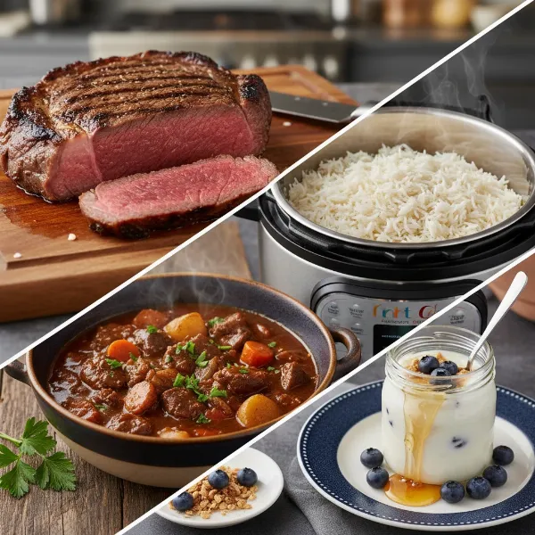 various delicious meals cooked in an instant pot, highlighting its culinary versatility